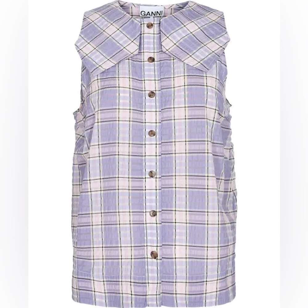 GANNI Seersucker Checked Plaid Sleeveless Top Women's Size 38